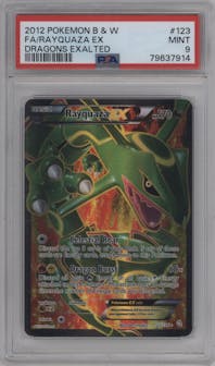 Rayquaza EX from the 2012 Pokemon B&W set graded by PSA and given an overall grade of 9.