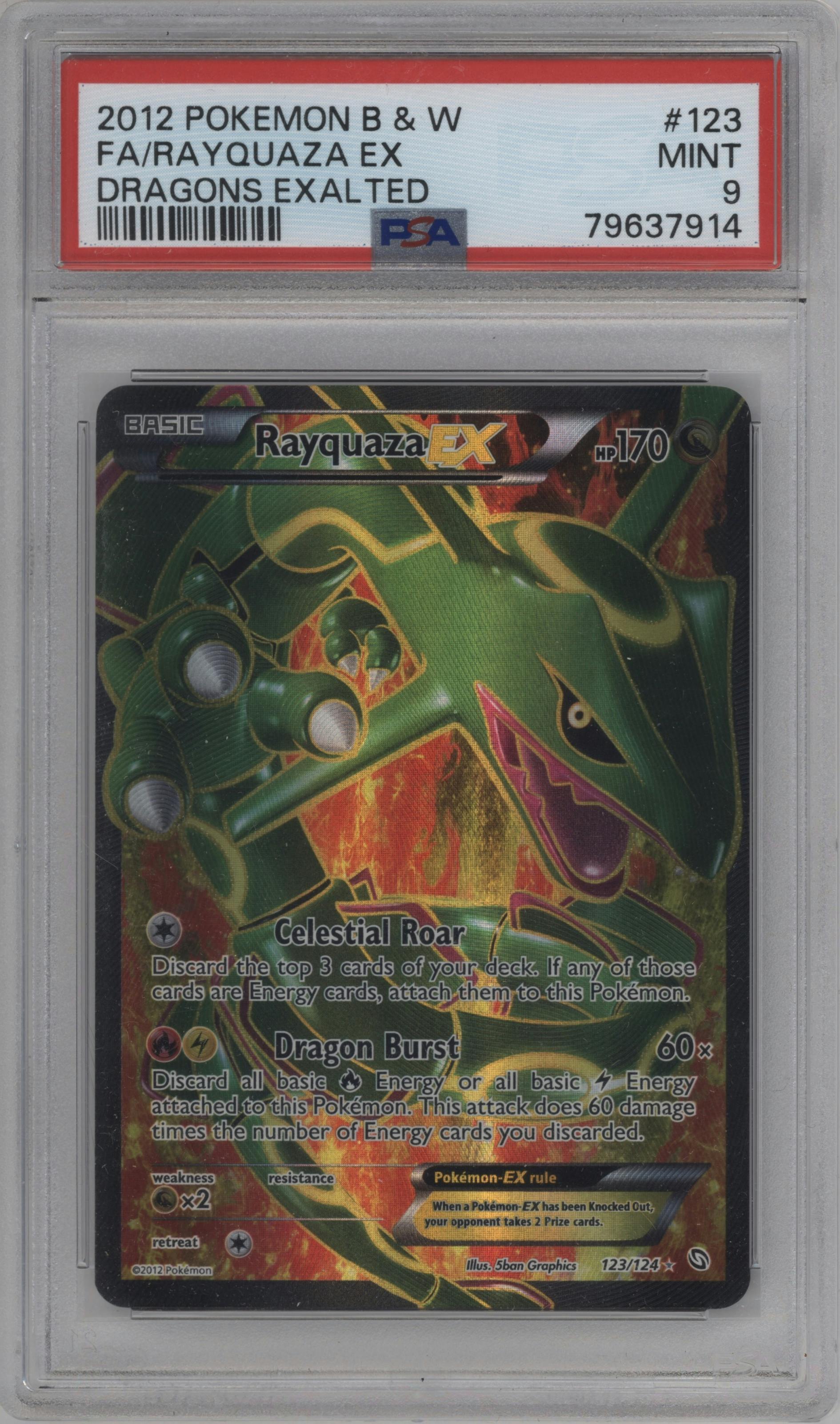 Rayquaza EX from the 2012 Pokemon B&W set graded by PSA and given an overall grade of 9.