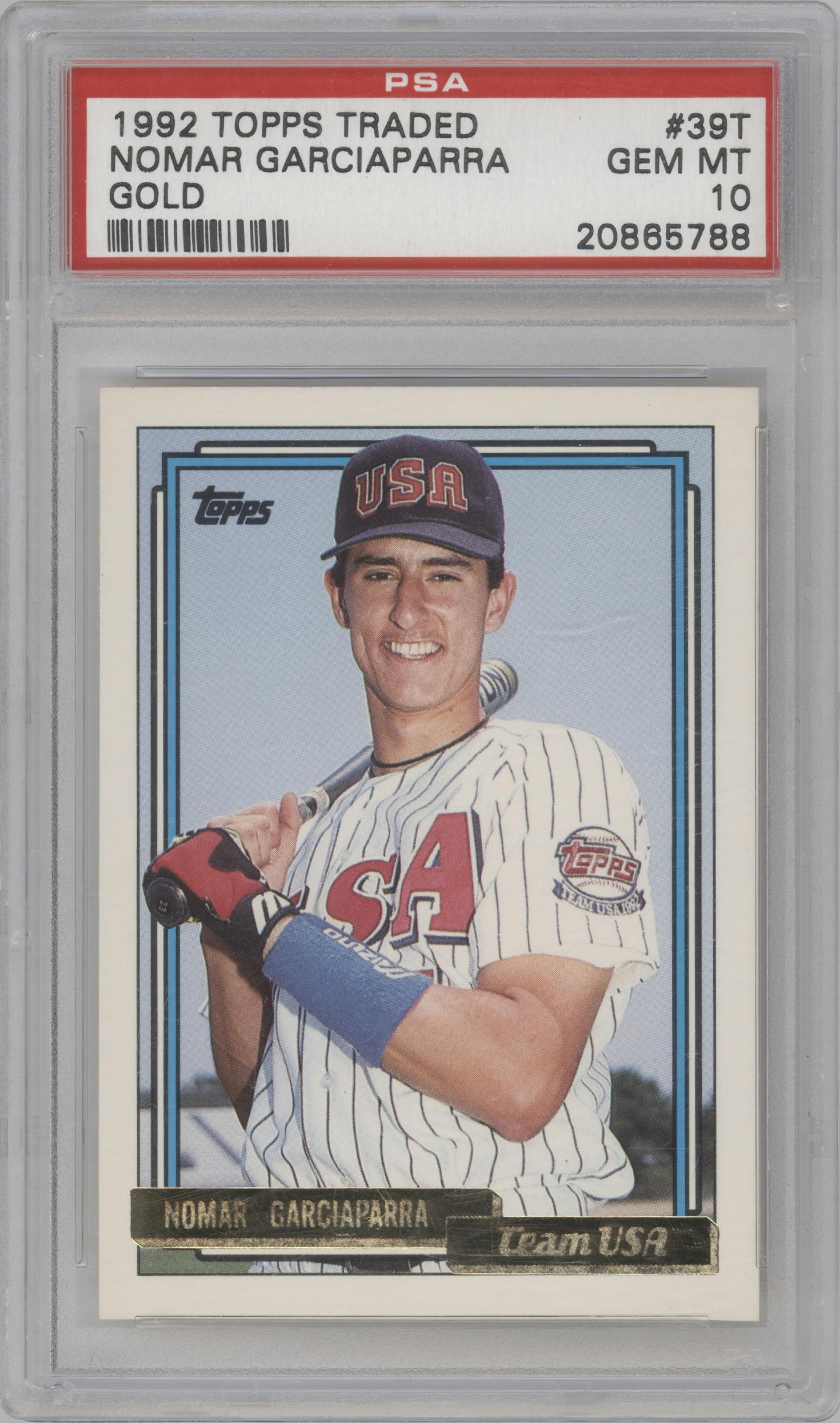Nomar Garciaparra from the 1992 Topps Traded Baseball set featuring a Gold parallel graded by PSA and given an overall grade of 10.