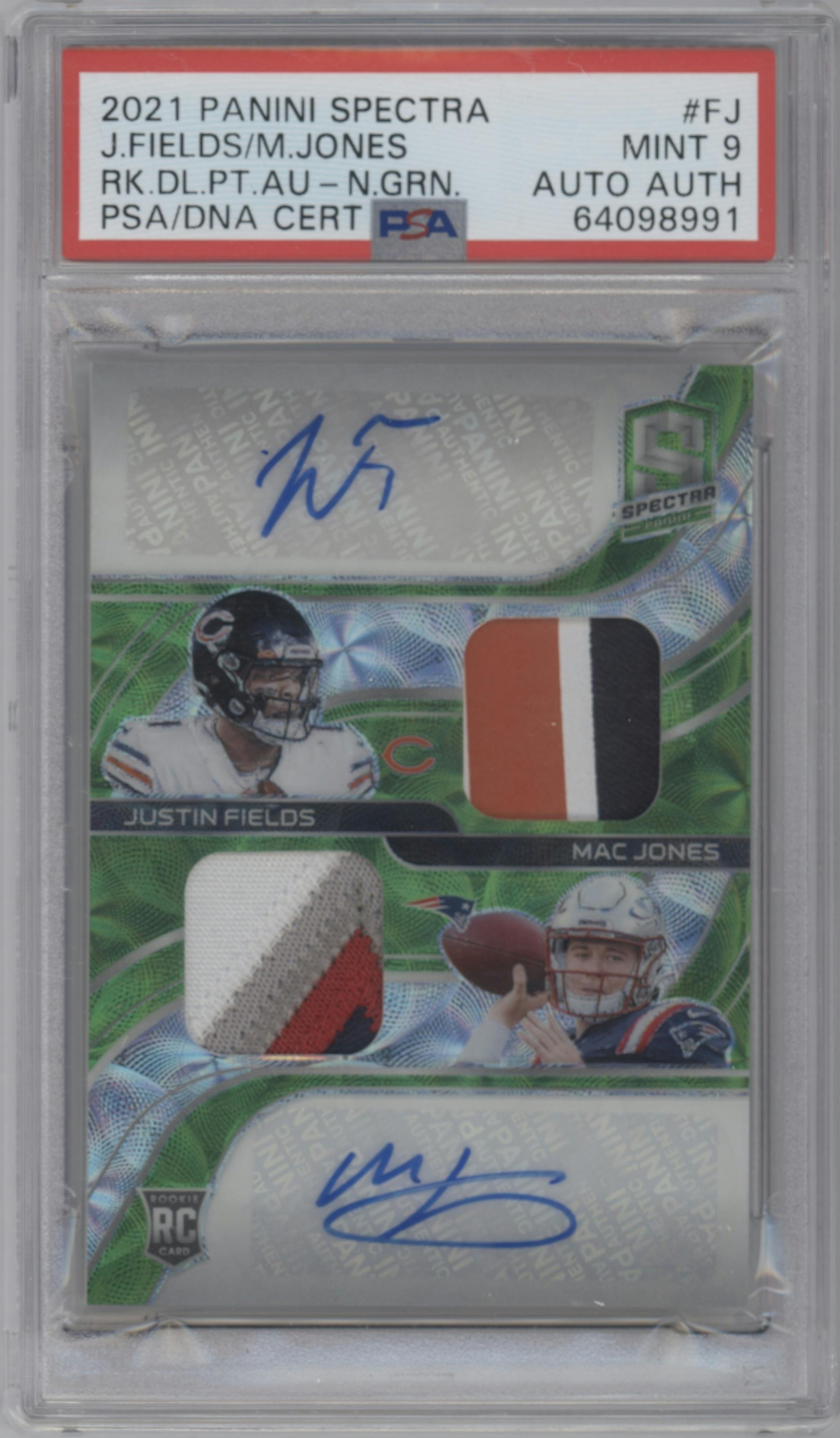 Justin Fields/Mac Jones from the 2021 Panini Spectra set featuring a Neon Green parallel graded by PSA and given an overall grade of 9.