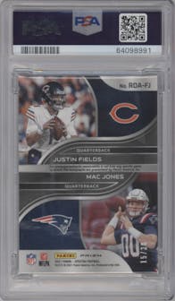 Justin Fields/Mac Jones from the 2021 Panini Spectra set featuring a Neon Green parallel graded by PSA and given an overall grade of 9.