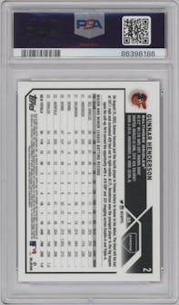 Gunnar Henderson from the 2023 Topps Chrome set featuring a Magenta Speckle Ref. parallel graded by PSA and given an overall grade of 9.