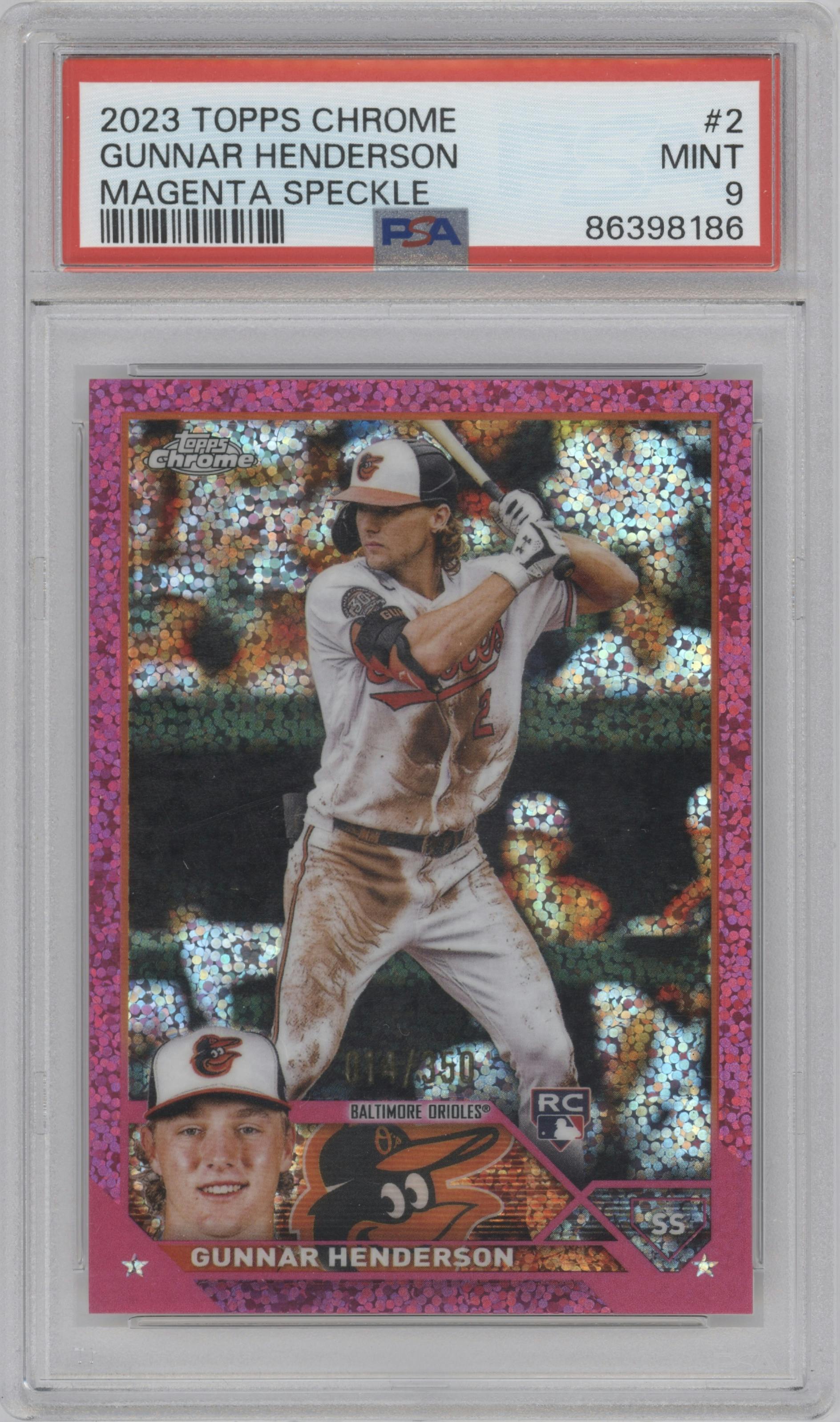 Gunnar Henderson from the 2023 Topps Chrome set featuring a Magenta Speckle Ref. parallel graded by PSA and given an overall grade of 9.