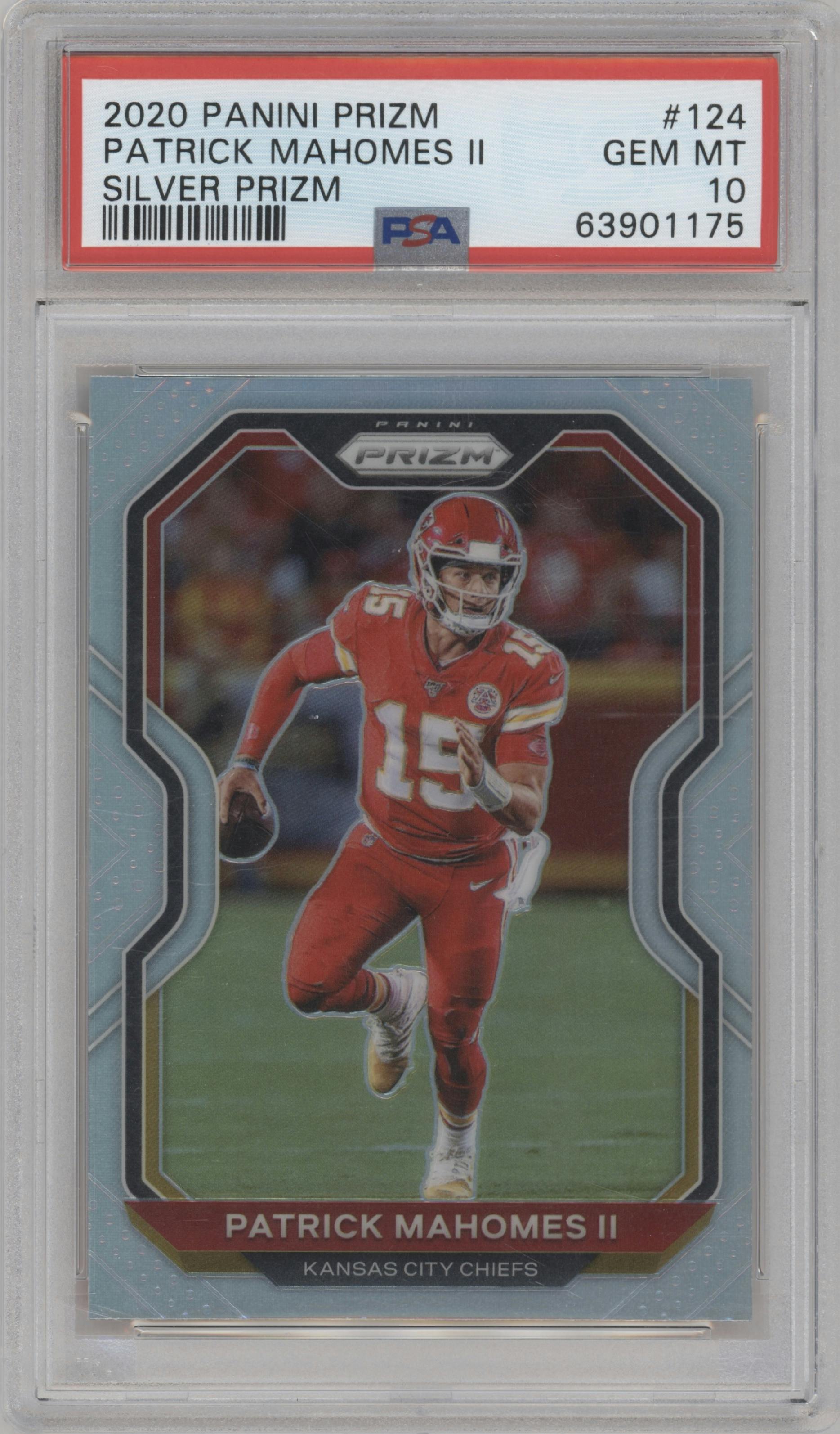 Patrick Mahomes II from the 2020 Panini Prizm set featuring a Silver Prizm parallel graded by PSA and given an overall grade of 10.