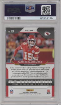 Patrick Mahomes II from the 2020 Panini Prizm set featuring a Silver Prizm parallel graded by PSA and given an overall grade of 10.