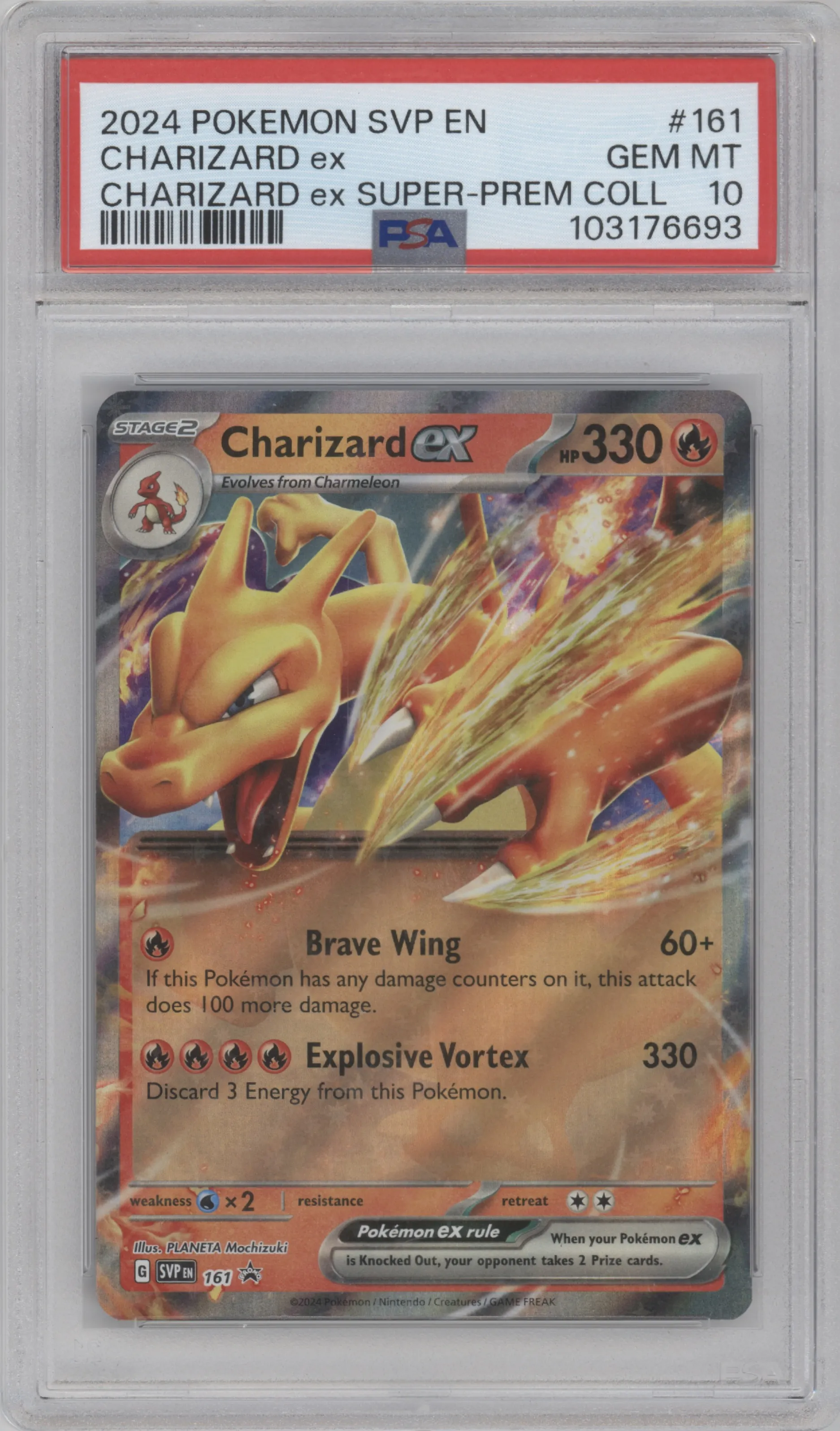 Charizard ex from the 2024 Pokemon SV set featuring a Charizard ex Super Premium Collection parallel graded by PSA and given an overall grade of 10.