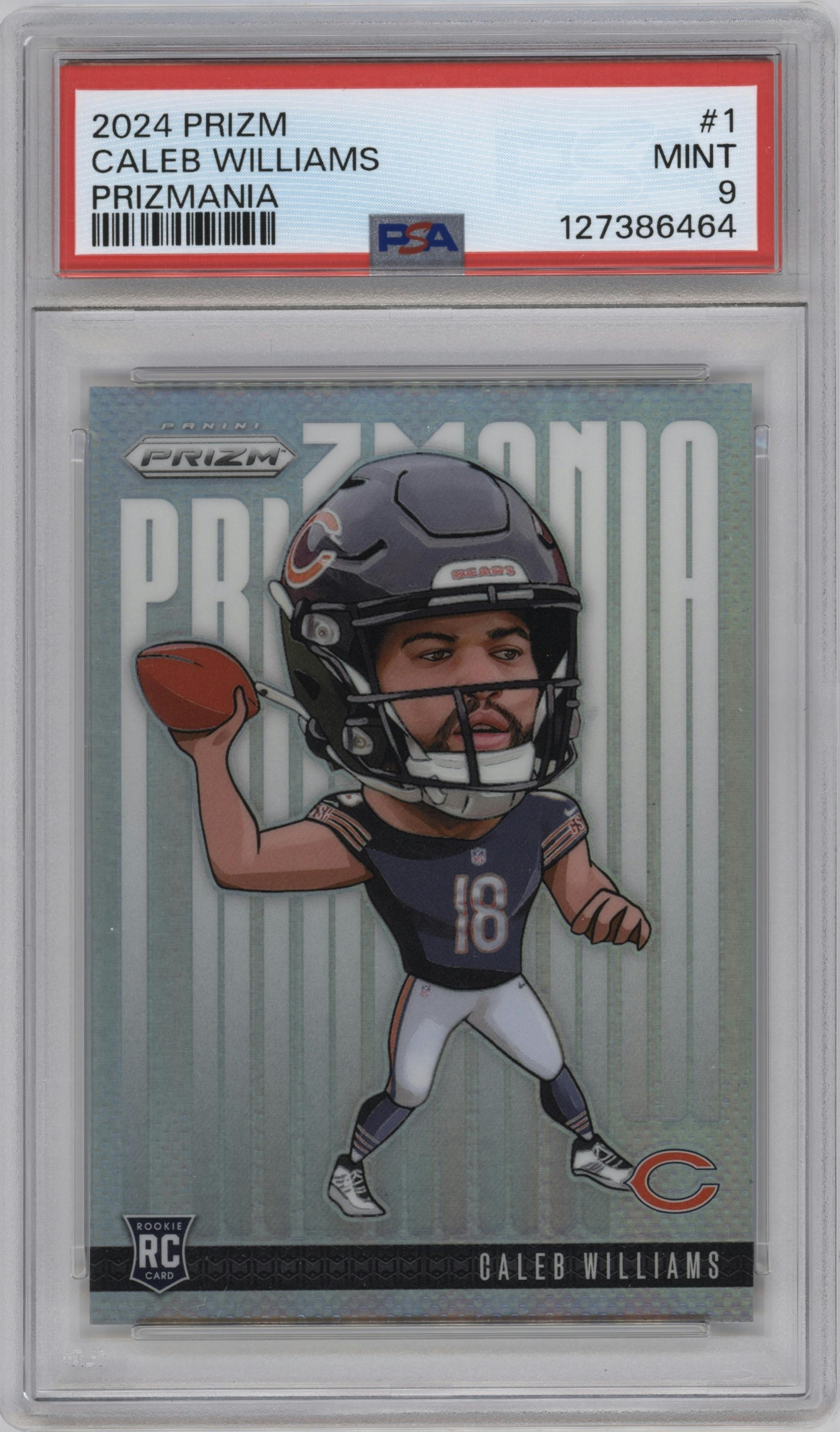Caleb Williams from the 2024 Panini Prizm set graded by PSA and given an overall grade of 9.