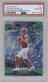 Jayden Daniels from the 2024 Panini Prizm set featuring a Green Prizm parallel graded by PSA and given an overall grade of 10.