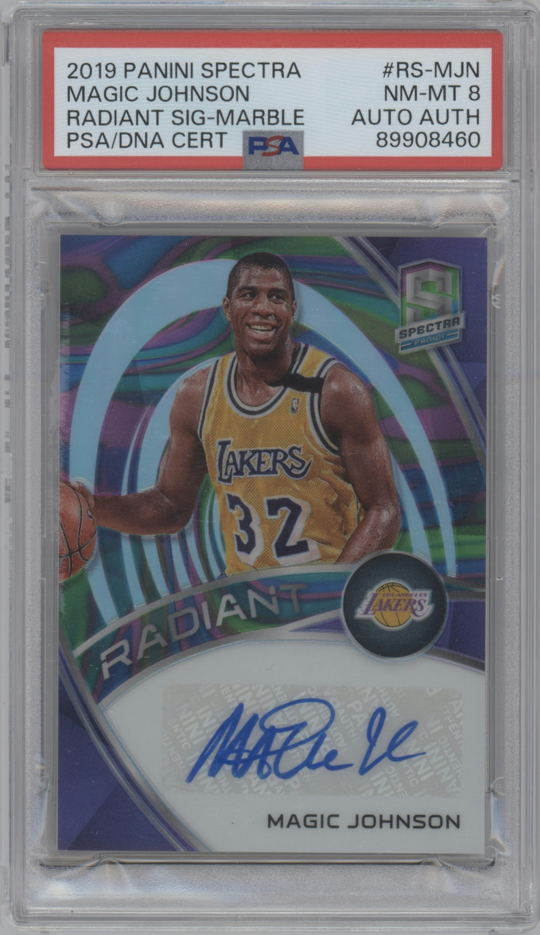 Magic Johnson from the 2019-20 Panini Spectra set featuring a Marble parallel graded by PSA and given an overall grade of 8.