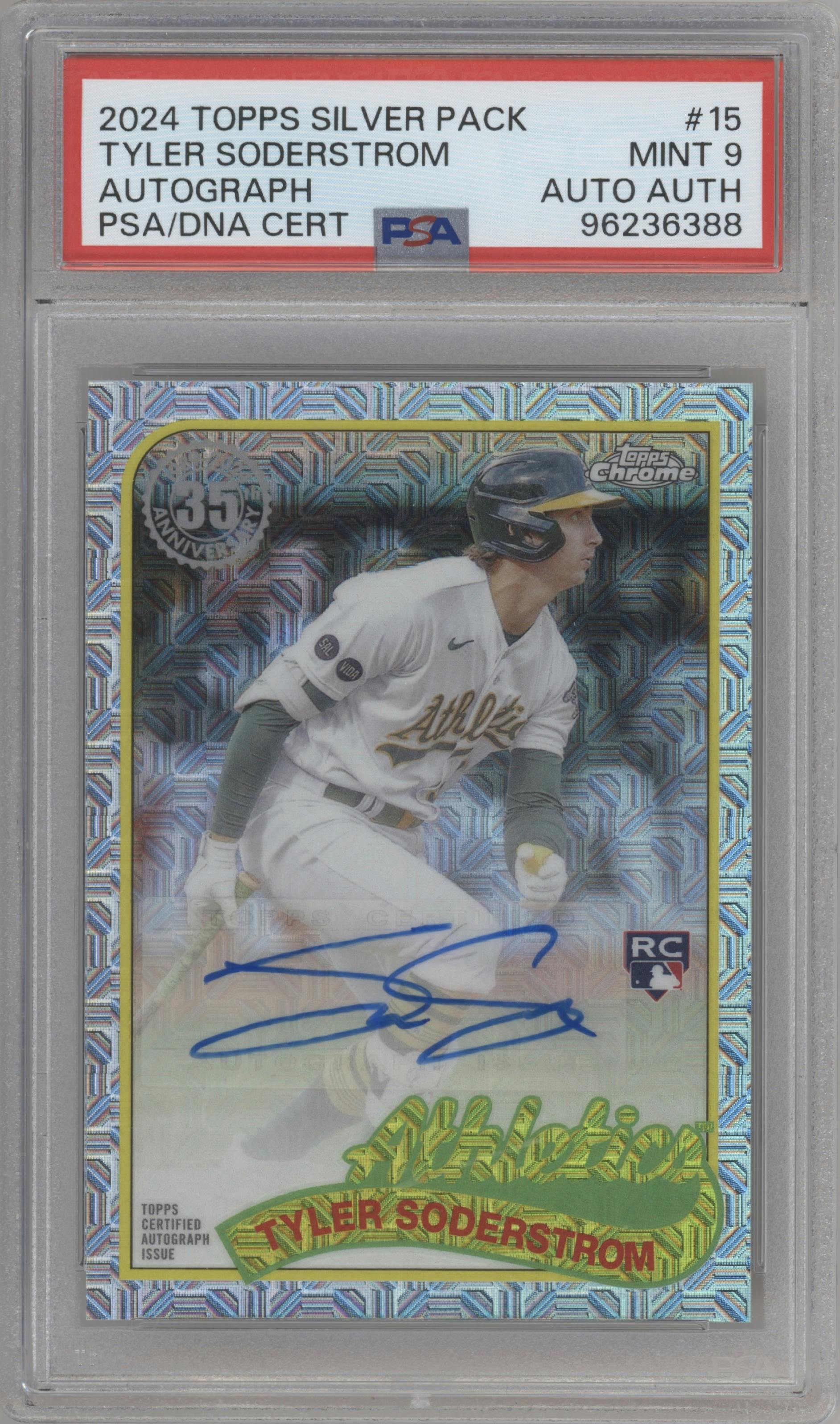 Tyler Soderstrom from the 2024 Topps Series 2 Silver Pack set graded by PSA and given an overall grade of 9.