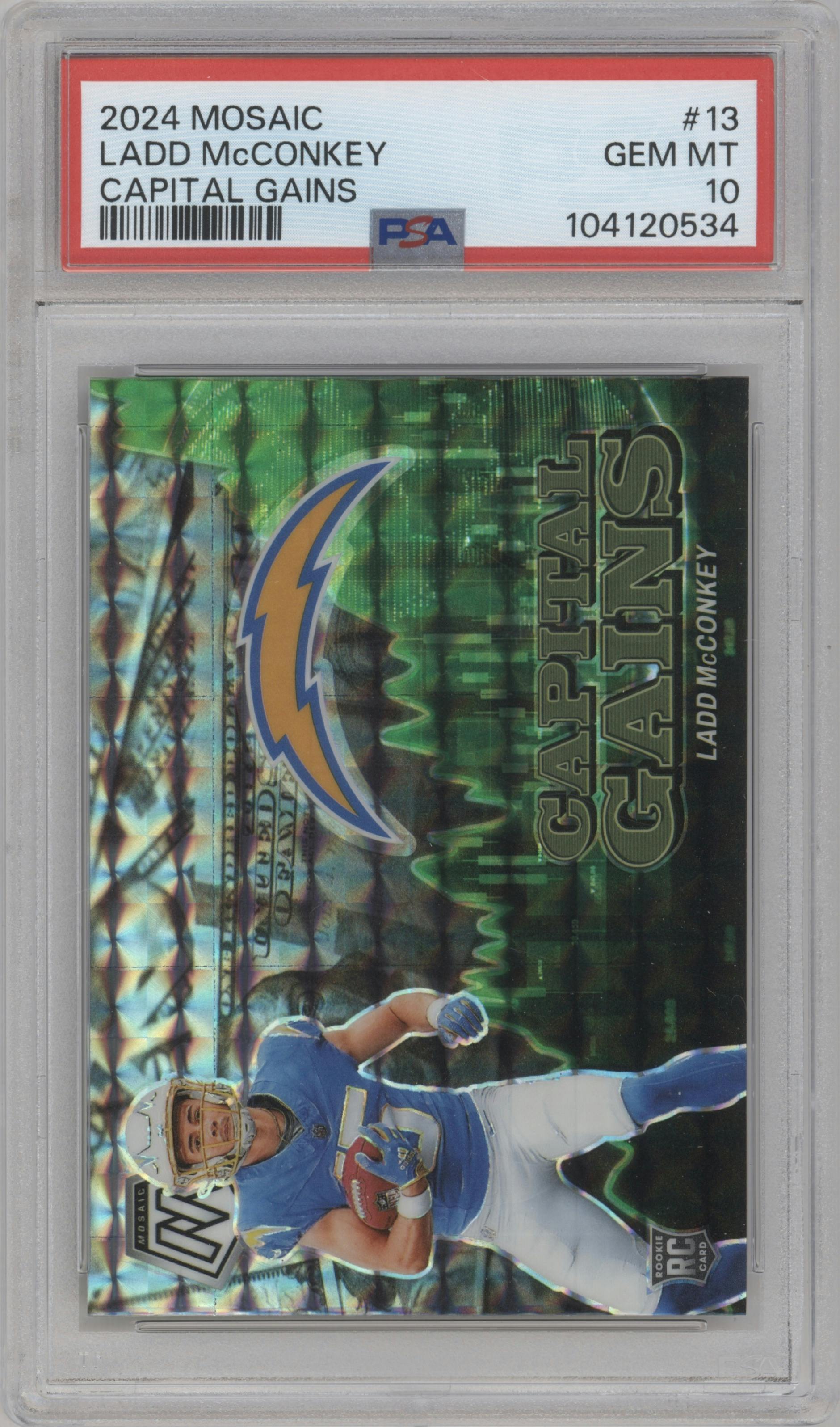 Ladd McConkey from the 2024 Panini Mosaic set graded by PSA and given an overall grade of 10.