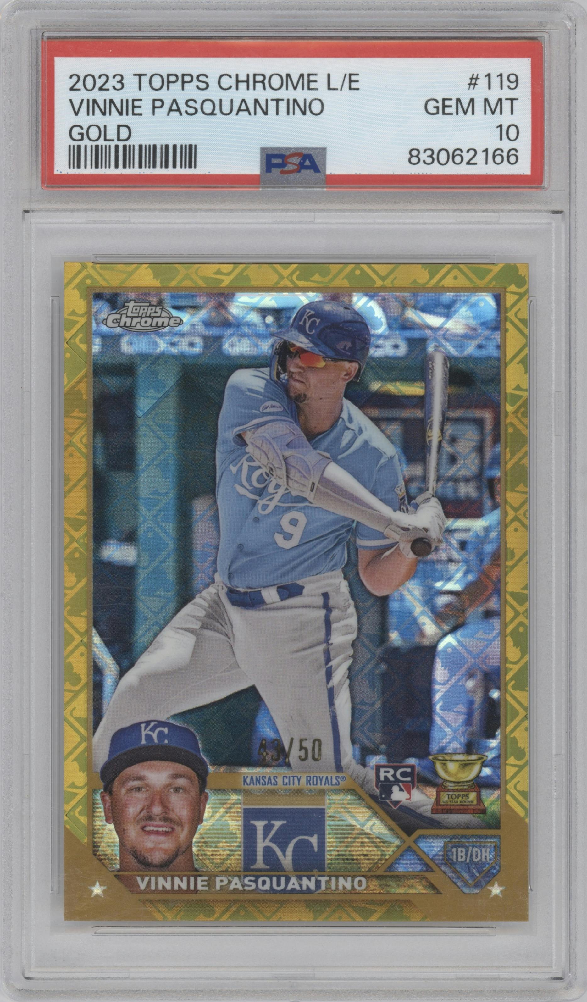 Vinnie Pasquantino from the 2023 Topps Chrome Logofractor Edition set featuring a Gold Refractor parallel graded by PSA and given an overall grade of 10.