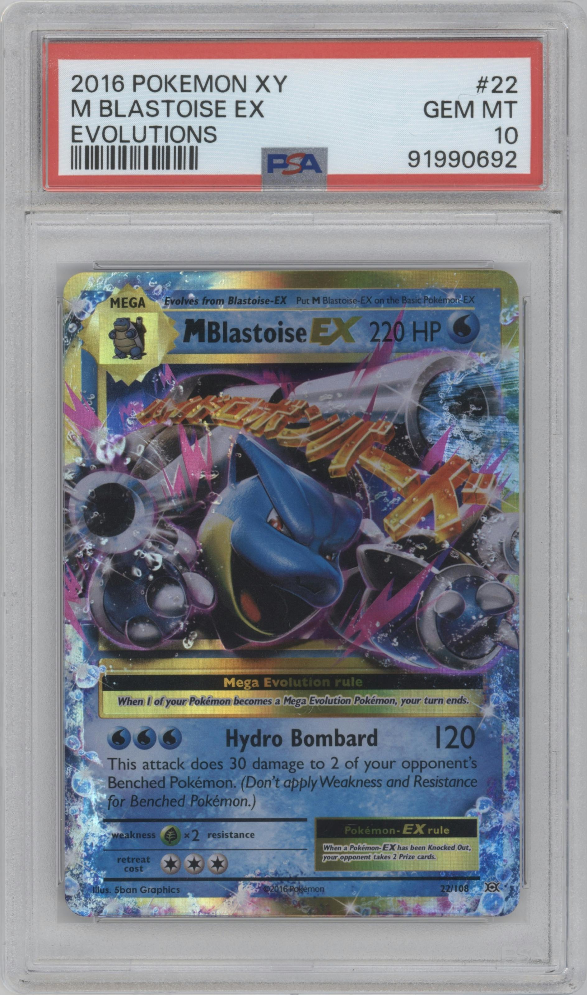 M Blastoise EX from the 2016 Pokemon XY set graded by PSA and given an overall grade of 10.