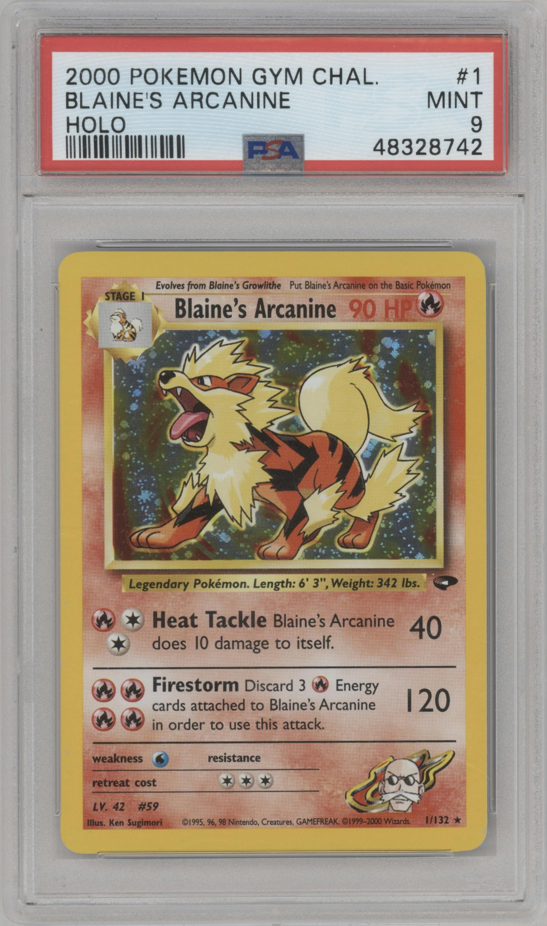 Blaine's Arcanine from the 2000 Pokemon GH set graded by PSA and given an overall grade of 9.