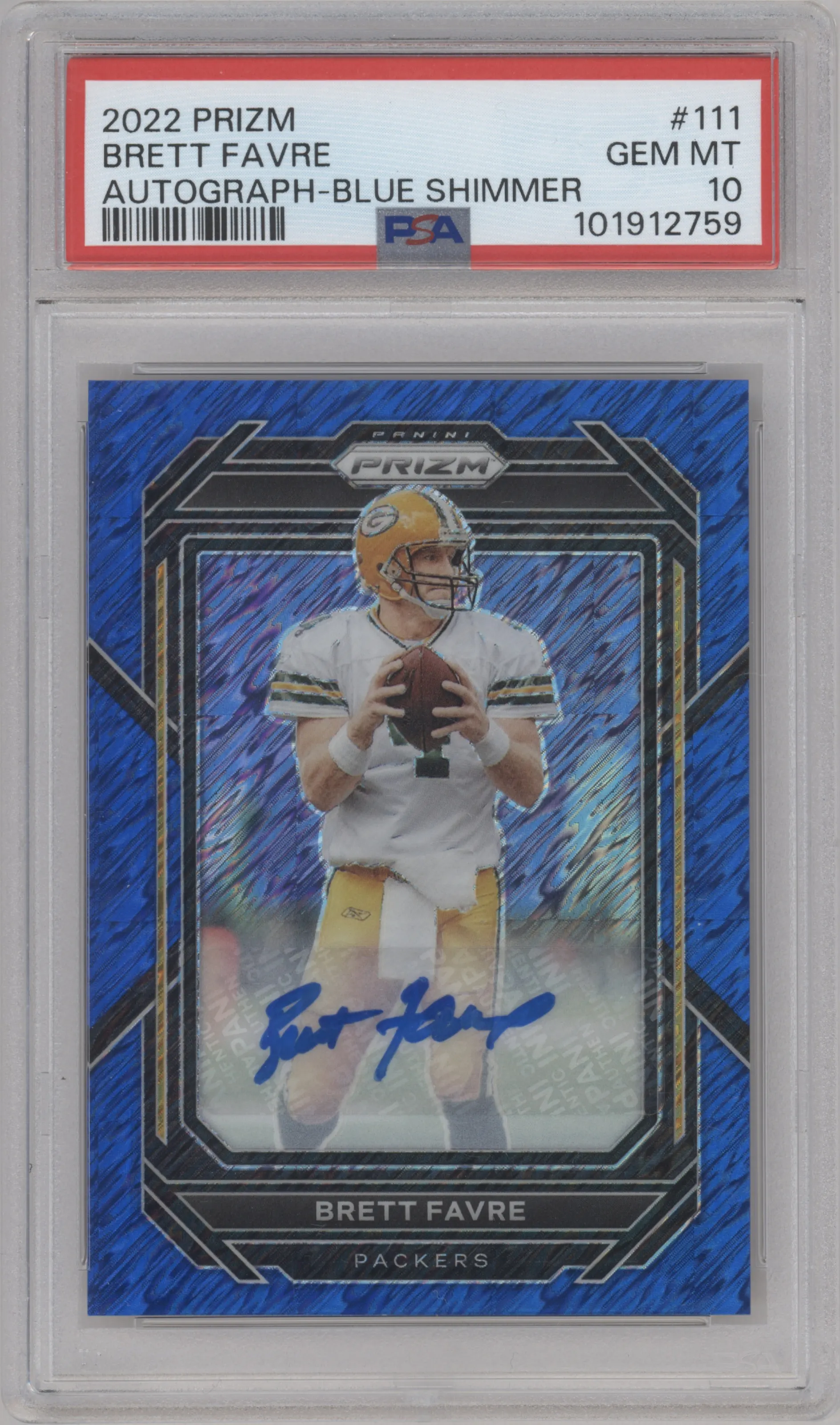 2022 Panini Prizm Auto Brett Favre Blue Shimmer #111 PSA 10