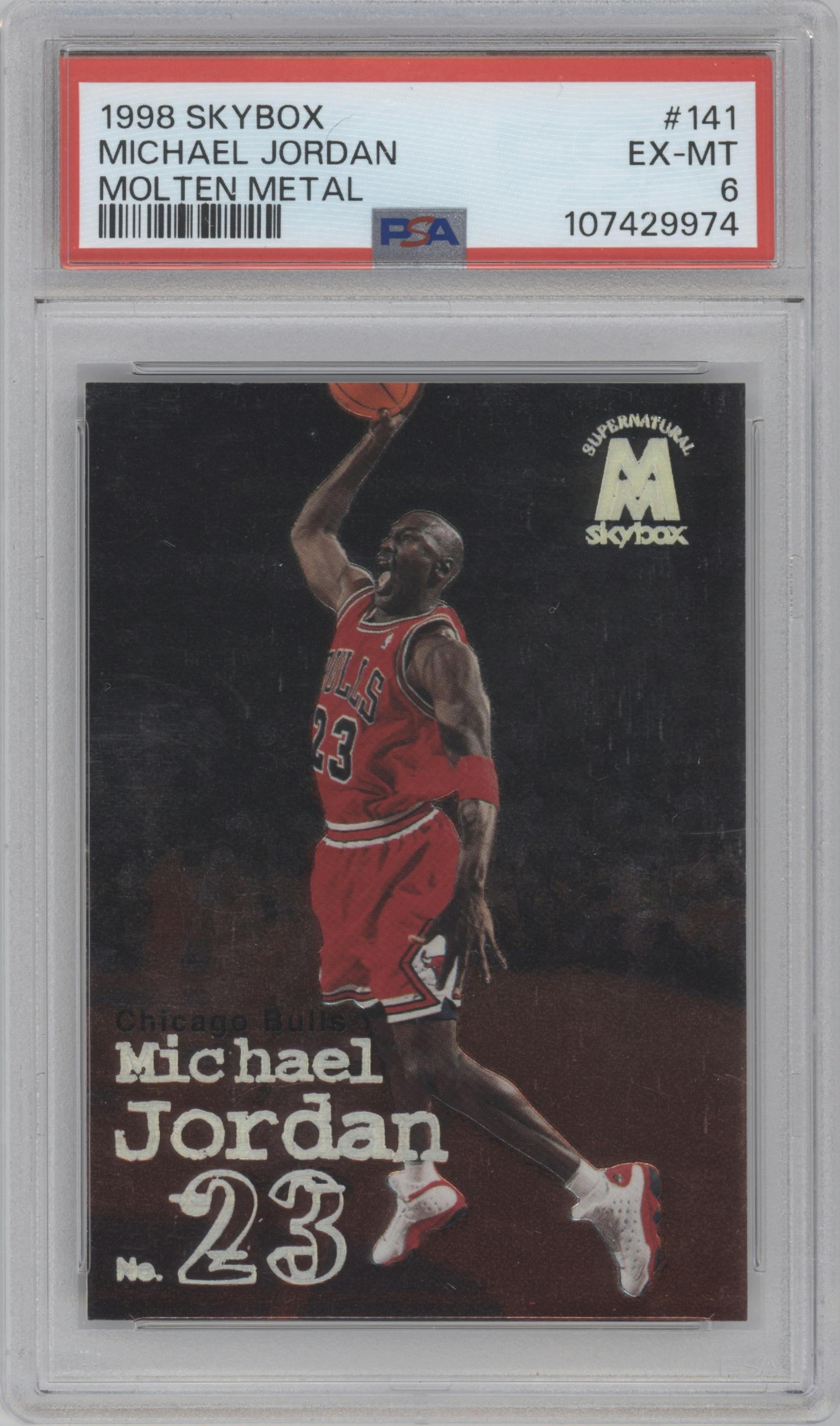 Michael Jordan from the 1998-99 SkyBox Molten Metal set graded by PSA and given an overall grade of 6.