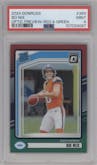 Bo Nix from the 2024 Donruss set featuring a Red and Green parallel graded by PSA and given an overall grade of 9.