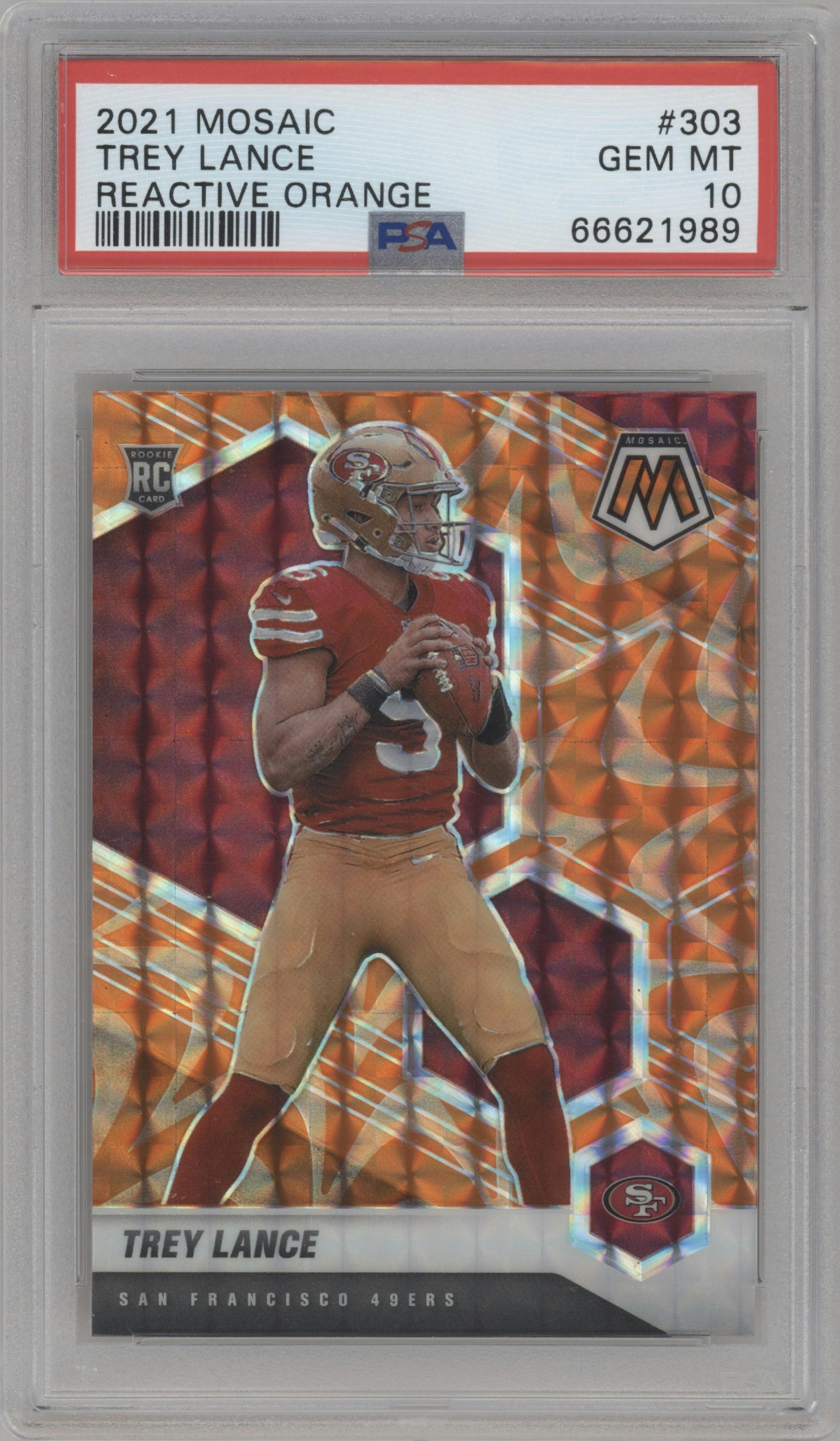 Trey Lance from the 2021 Panini Mosaic set featuring a Reactive Orange parallel graded by PSA and given an overall grade of 10.