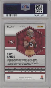 Trey Lance from the 2021 Panini Mosaic set featuring a Reactive Orange parallel graded by PSA and given an overall grade of 10.