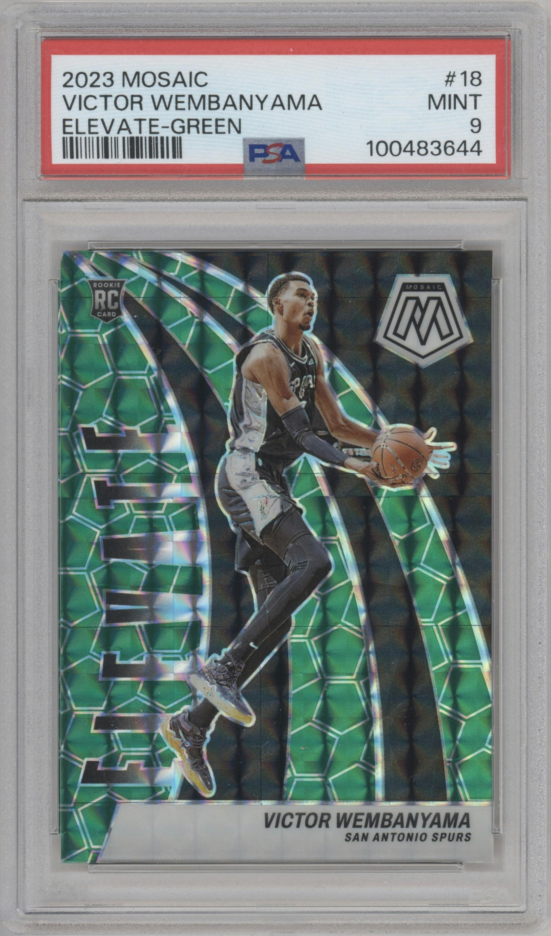 Victor Wembanyama from the 2023-24 Panini Mosaic set featuring a Green Mosaic parallel graded by PSA and given an overall grade of 9.