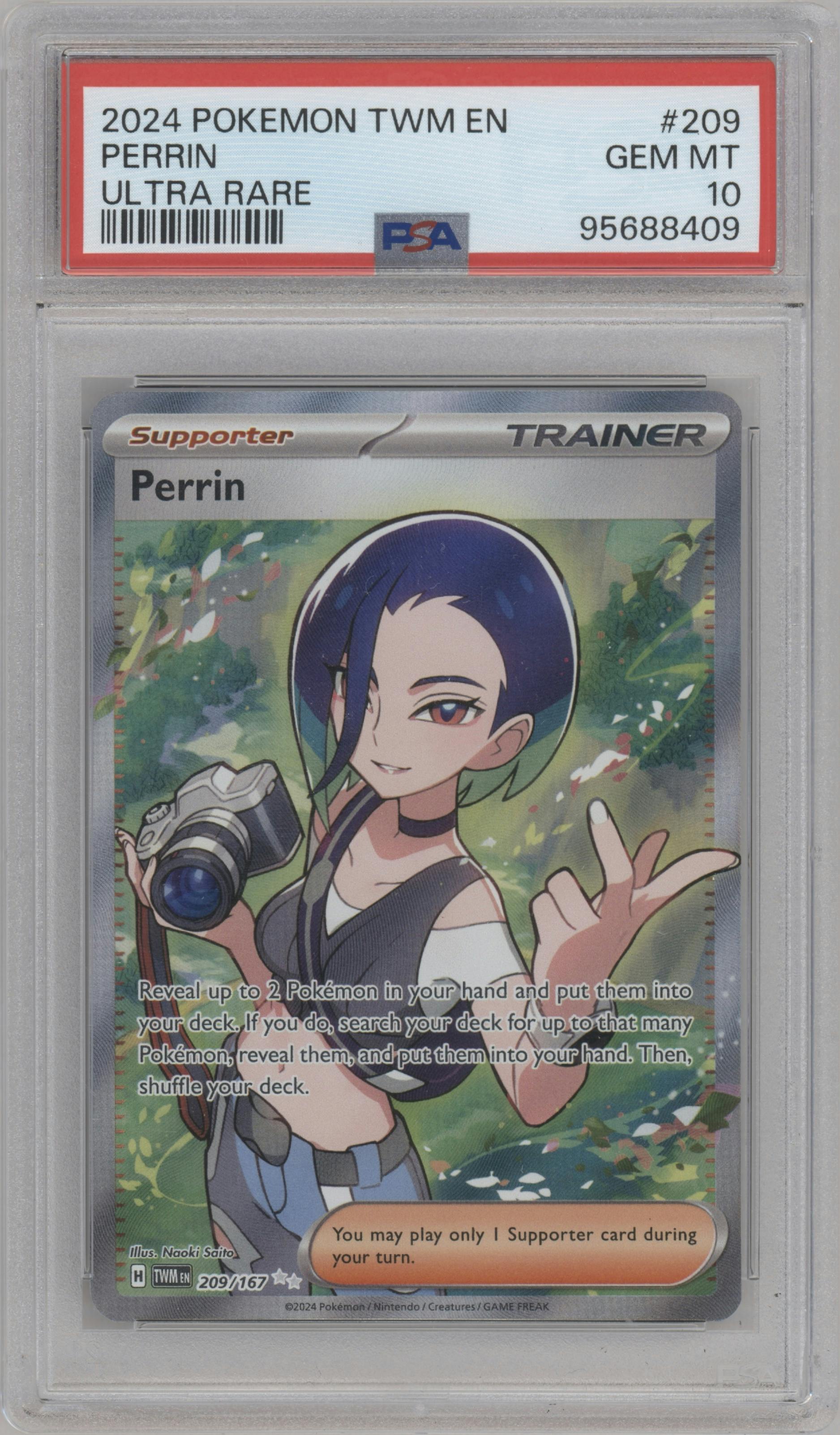 Perrin from the 2024 Pokemon SV set graded by PSA and given an overall grade of 10.