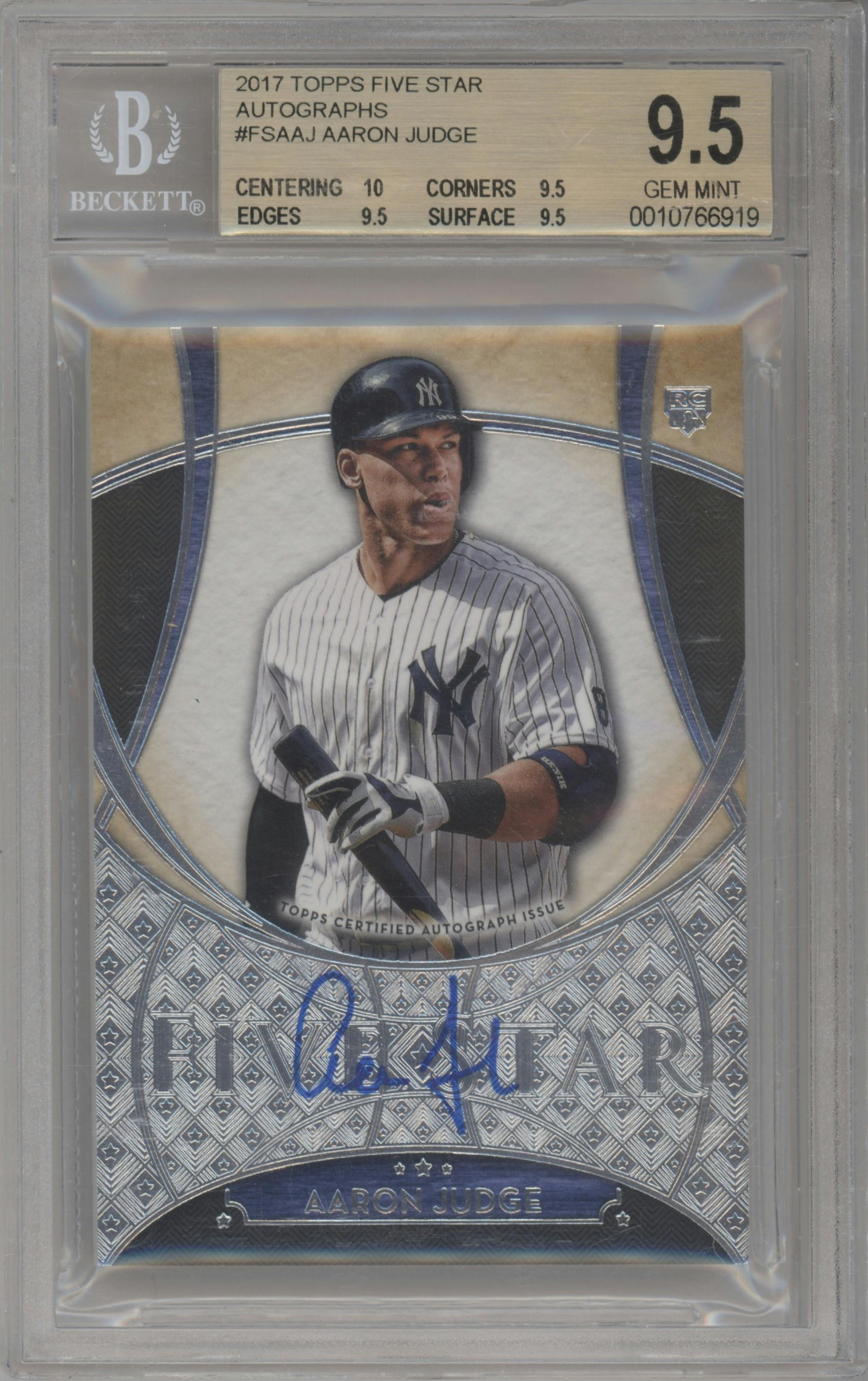 Aaron Judge from the 2017 Topps Five Star set graded by Beckett and given an overall grade of 9.5.