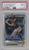 Jackson Merrill from the 2021 Bowman Draft set featuring a Refractor parallel graded by PSA and given an overall grade of 10.