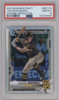Jackson Merrill from the 2021 Bowman Draft set featuring a Refractor parallel graded by PSA and given an overall grade of 10.