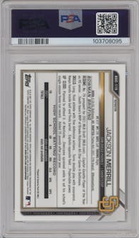 Jackson Merrill from the 2021 Bowman Draft set featuring a Refractor parallel graded by PSA and given an overall grade of 10.