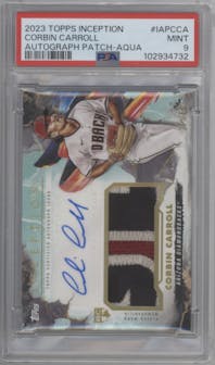 Corbin Carroll from the 2023 Topps Inception set featuring a Aqua parallel graded by PSA and given an overall grade of 9.