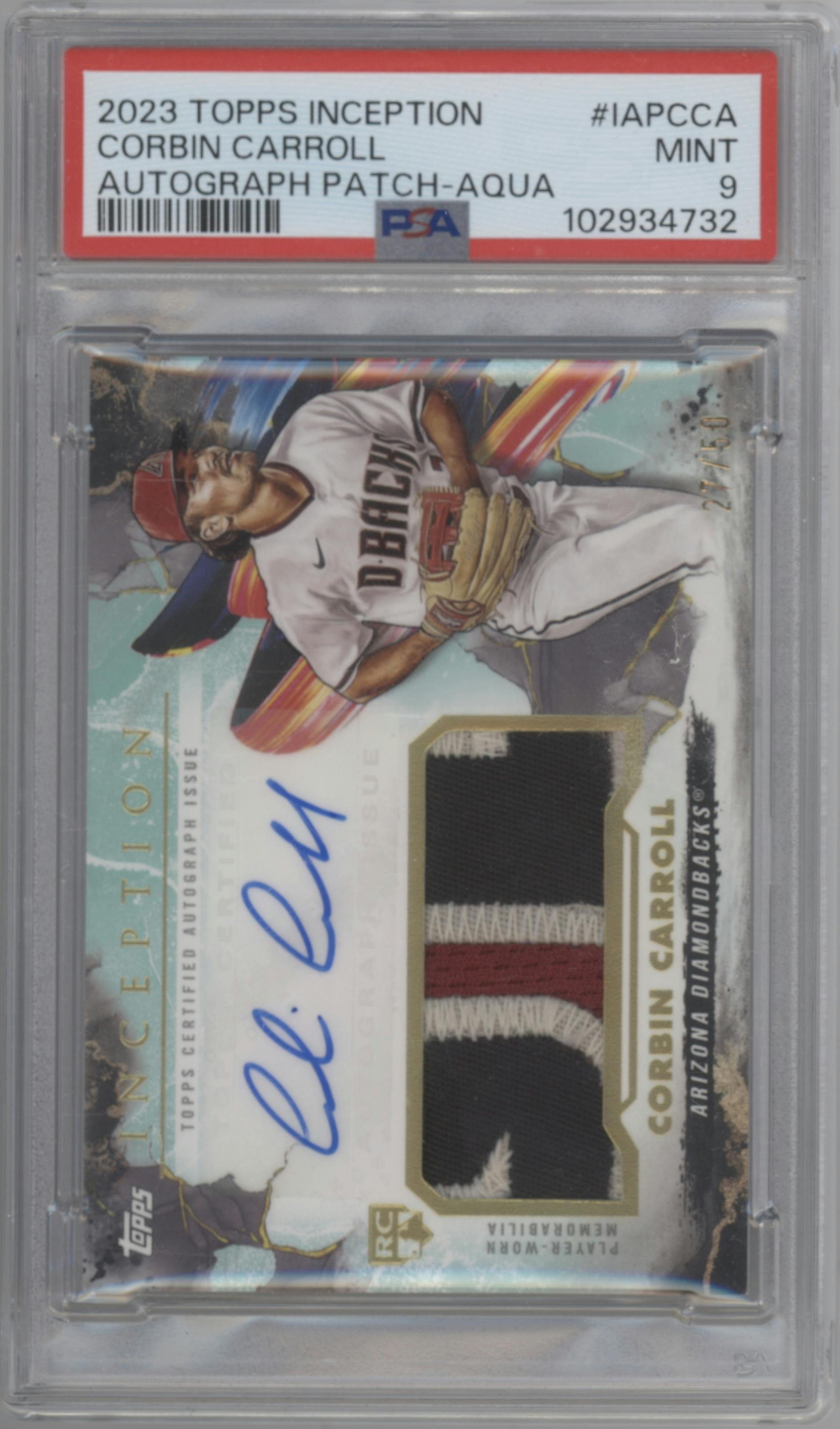 Corbin Carroll from the 2023 Topps Inception set featuring a Aqua parallel graded by PSA and given an overall grade of 9.