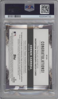 Corbin Carroll from the 2023 Topps Inception set featuring a Aqua parallel graded by PSA and given an overall grade of 9.