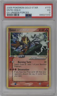 Entei Gold Star from the 2005 Pokemon EX set graded by PSA and given an overall grade of 3.