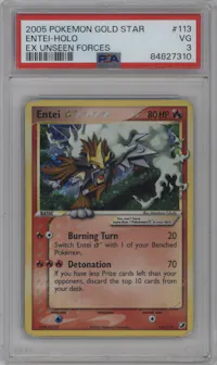 Entei Gold Star from the 2005 Pokemon EX set graded by PSA and given an overall grade of 3.