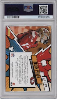 Brock Purdy from the 2024 Panini Absolute set graded by PSA and given an overall grade of 10.