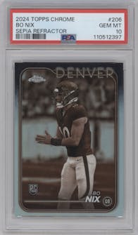 Bo Nix from the 2024 Topps Chrome set featuring a Sepia Refractor parallel graded by PSA and given an overall grade of 10.