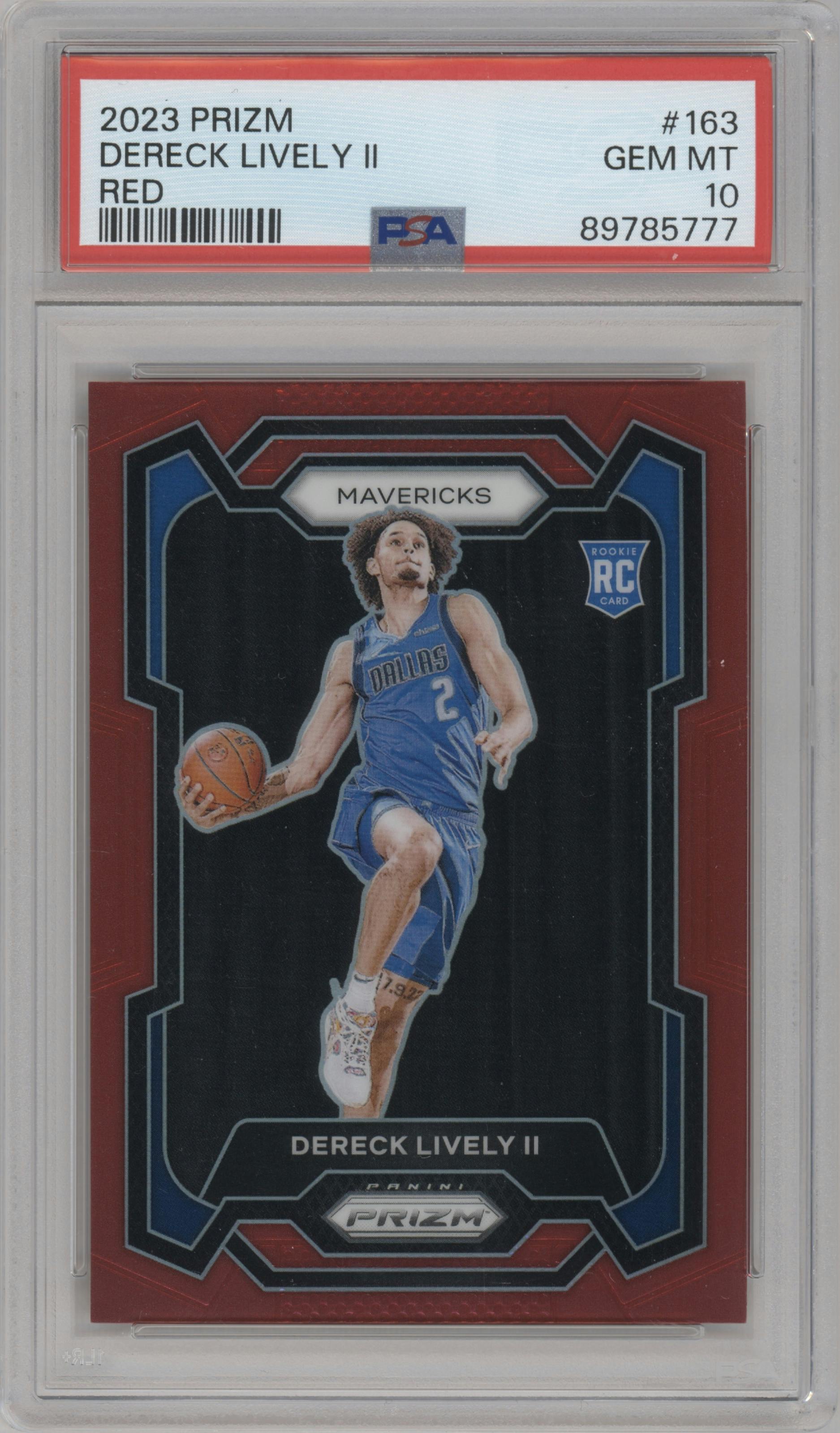 Dereck Lively II from the 2023-24 Panini Prizm set featuring a Red Prizm parallel graded by PSA and given an overall grade of 10.