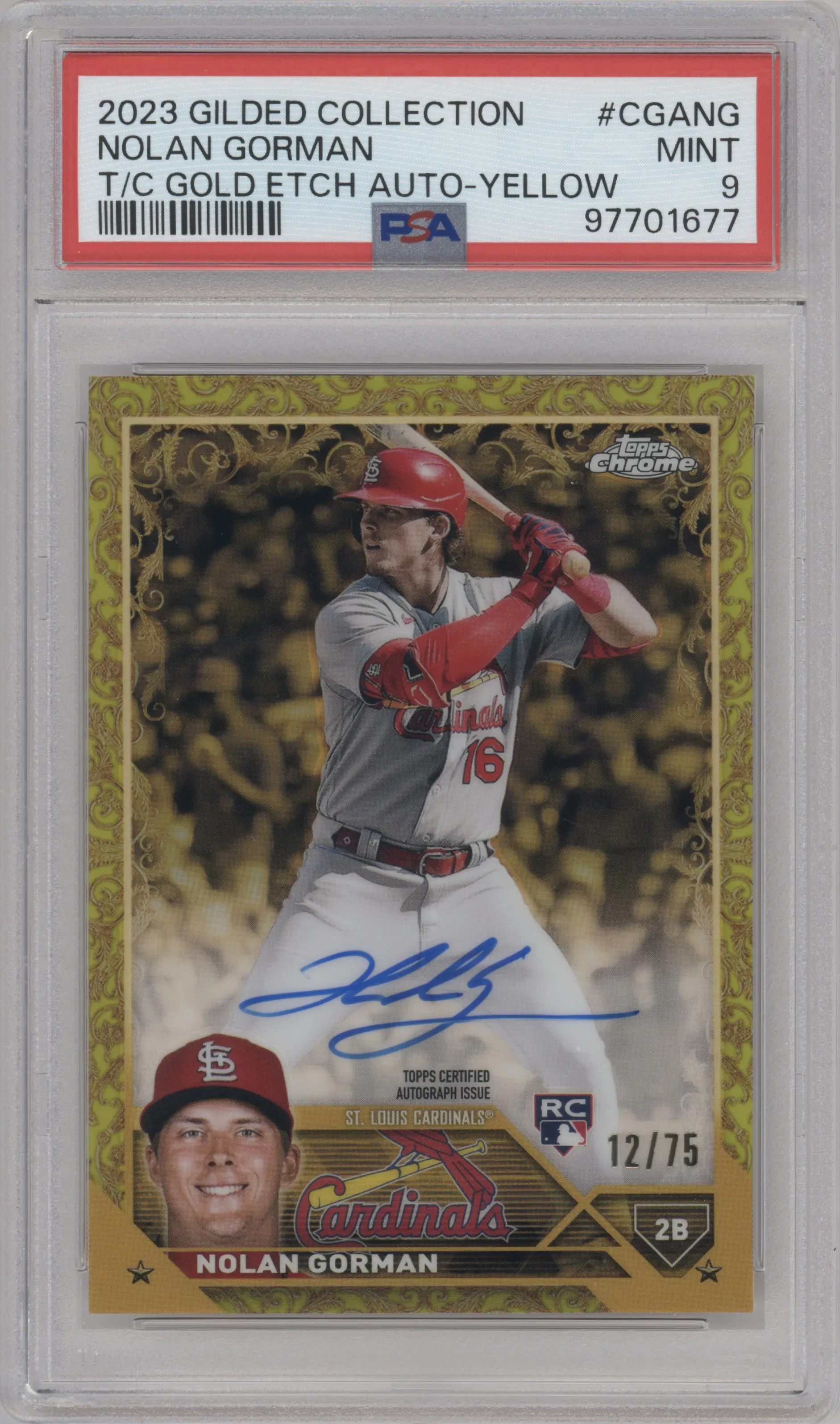2023 Topps Gilded Collection Gold Etch Auto Nolan Gorman Yellow PSA 9