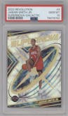 Jabari Smith Jr. from the 2022-23 Panini Revolution  set featuring a Galactic parallel graded by PSA and given an overall grade of 10.
