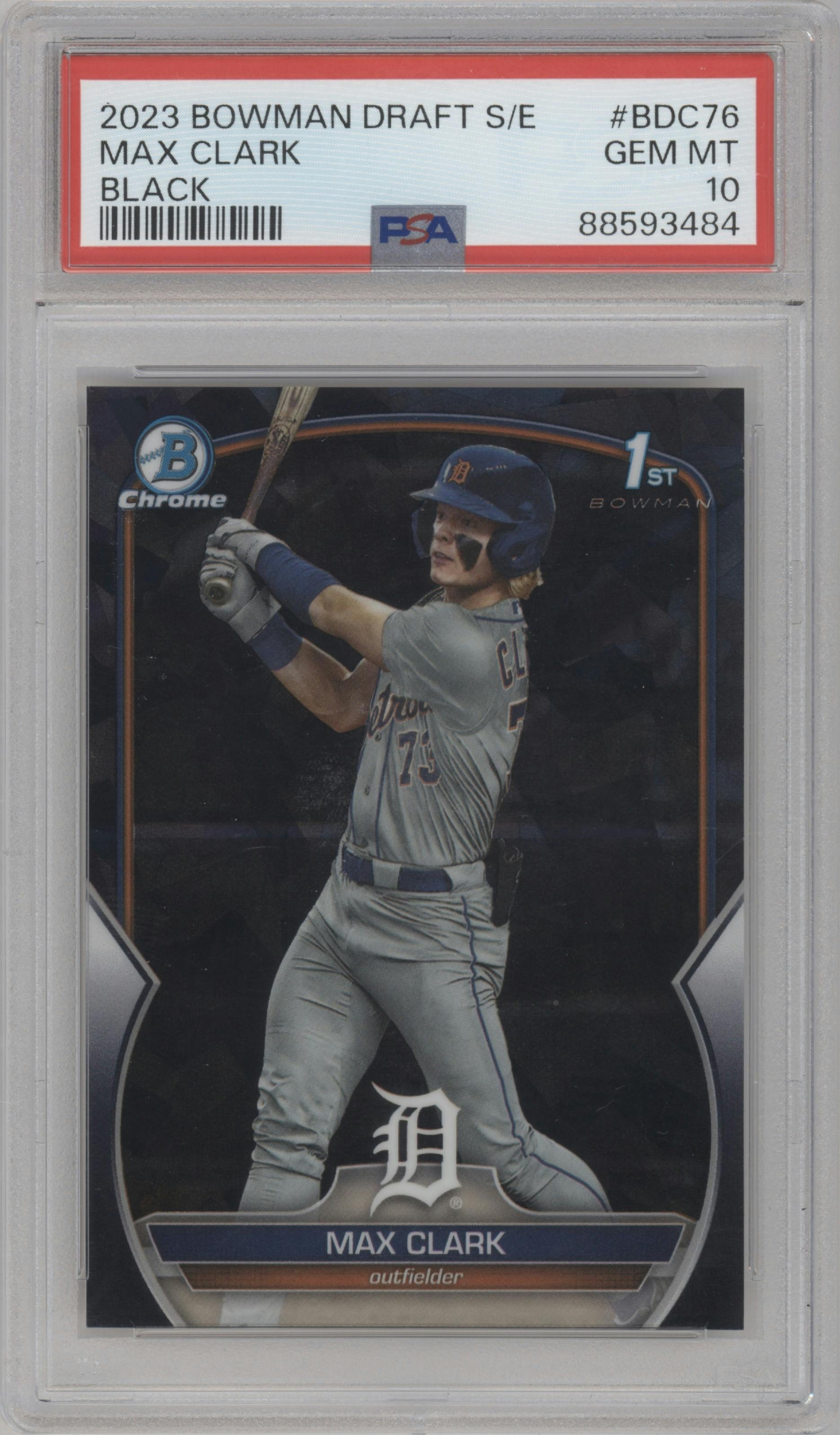 Max Clark from the 2023 Bowman Draft Sapphire set featuring a Black parallel graded by PSA and given an overall grade of 10.