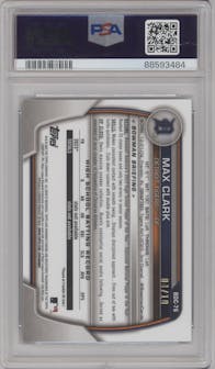 Max Clark from the 2023 Bowman Draft Sapphire set featuring a Black parallel graded by PSA and given an overall grade of 10.