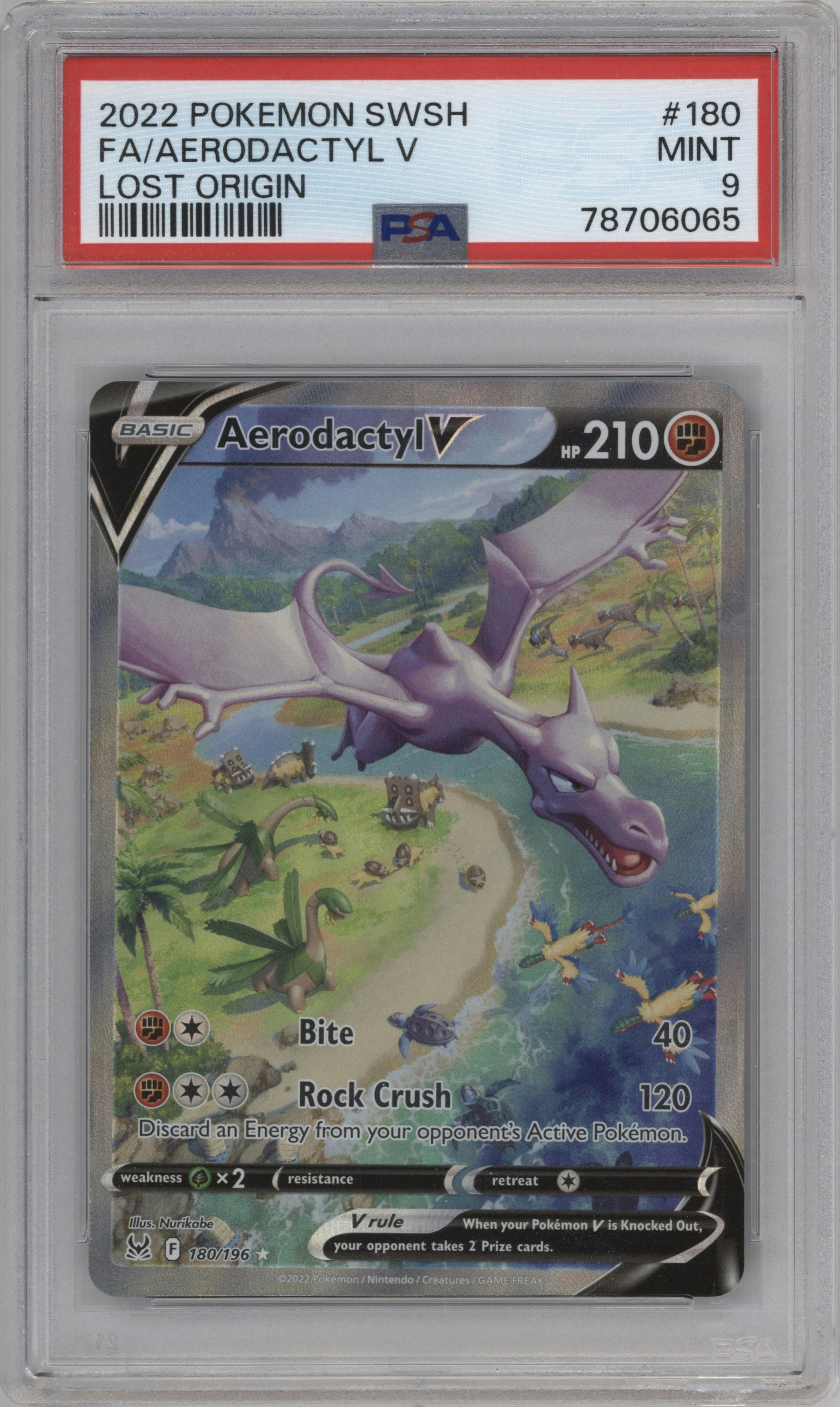 Aerodactyl V from the 2022 Pokemon SWSH set graded by PSA and given an overall grade of 9.