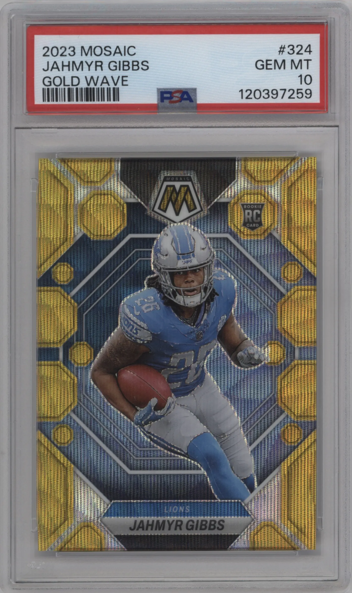 2023 Panini Mosaic Jahmyr Gibbs Gold Wave Mosaic #324 PSA 10