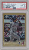 Francisco Lindor from the 2015 Topps Chrome set featuring a Gold Refractor parallel graded by PSA and given an overall grade of 10.