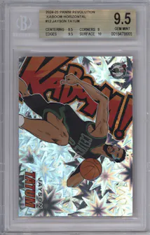 Jayson Tatum from the 2024-25 Panini Revolution set graded by Beckett and given an overall grade of 9.5.