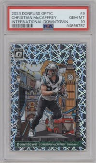 Christian McCaffrey from the 2023 Donruss Optic set graded by PSA and given an overall grade of 10.