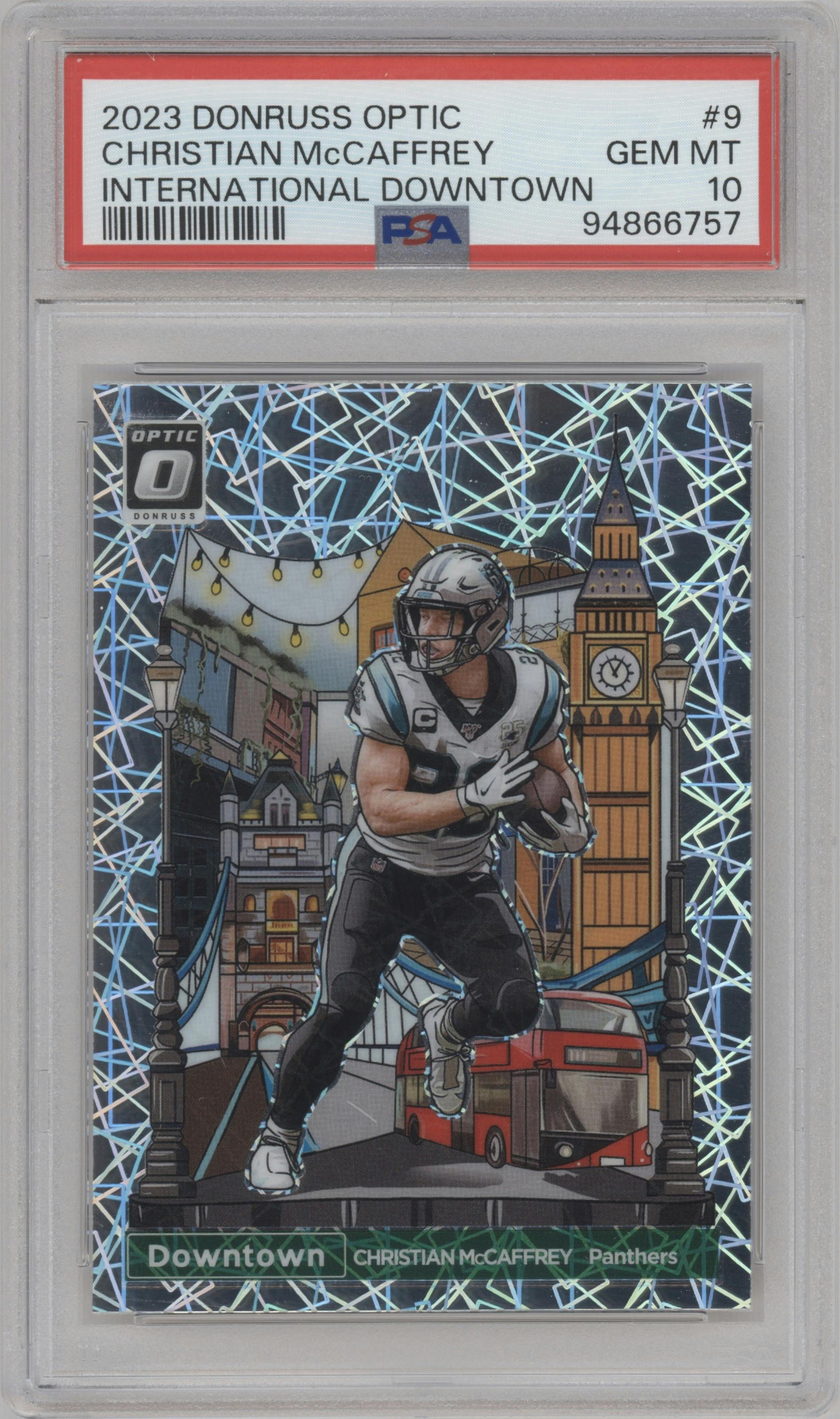 Christian McCaffrey from the 2023 Donruss Optic set graded by PSA and given an overall grade of 10.