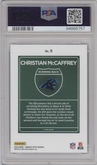 Christian McCaffrey from the 2023 Donruss Optic set graded by PSA and given an overall grade of 10.