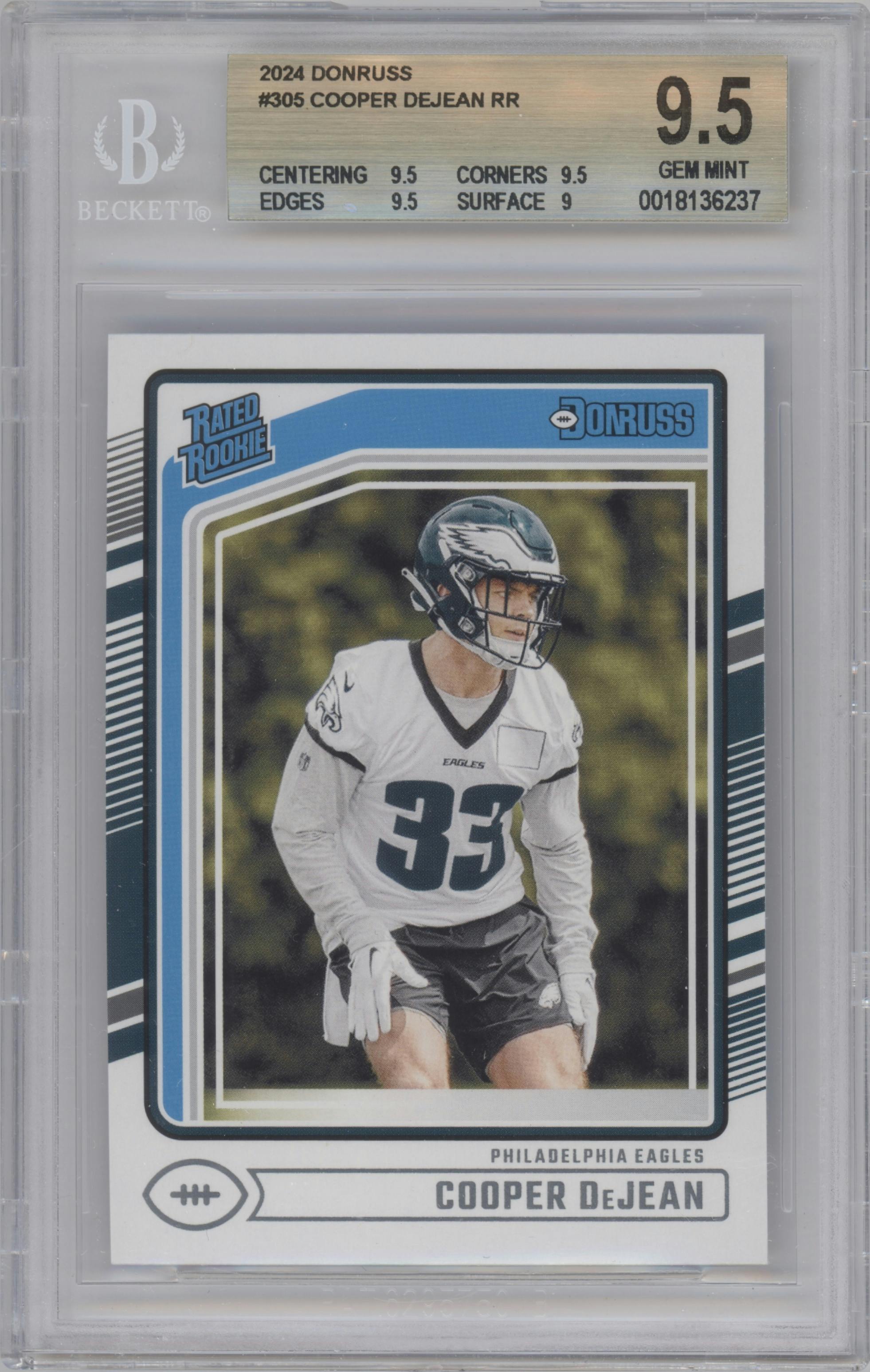 Cooper DeJean from the 2024 Donruss set graded by Beckett and given an overall grade of 9.5.