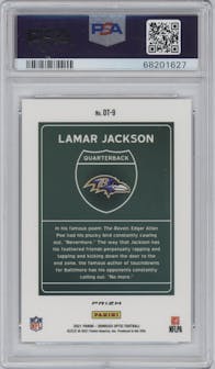 Lamar Jackson from the 2021 Panini Donruss Optic set graded by PSA and given an overall grade of 10.